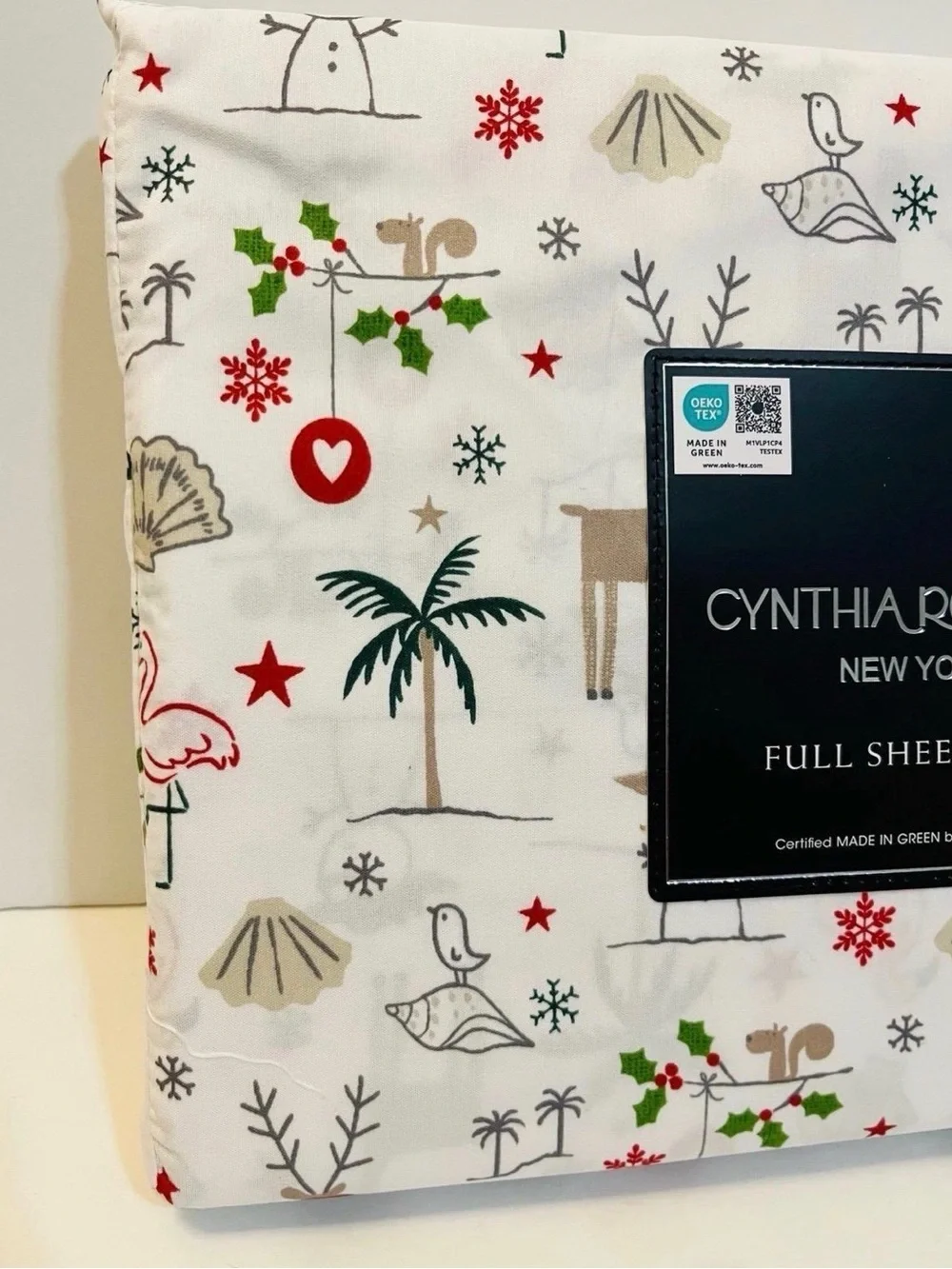 Cynthia Rowley Christmas Beach Full Size Sheet Set Palm Tree Seashell Flamingo